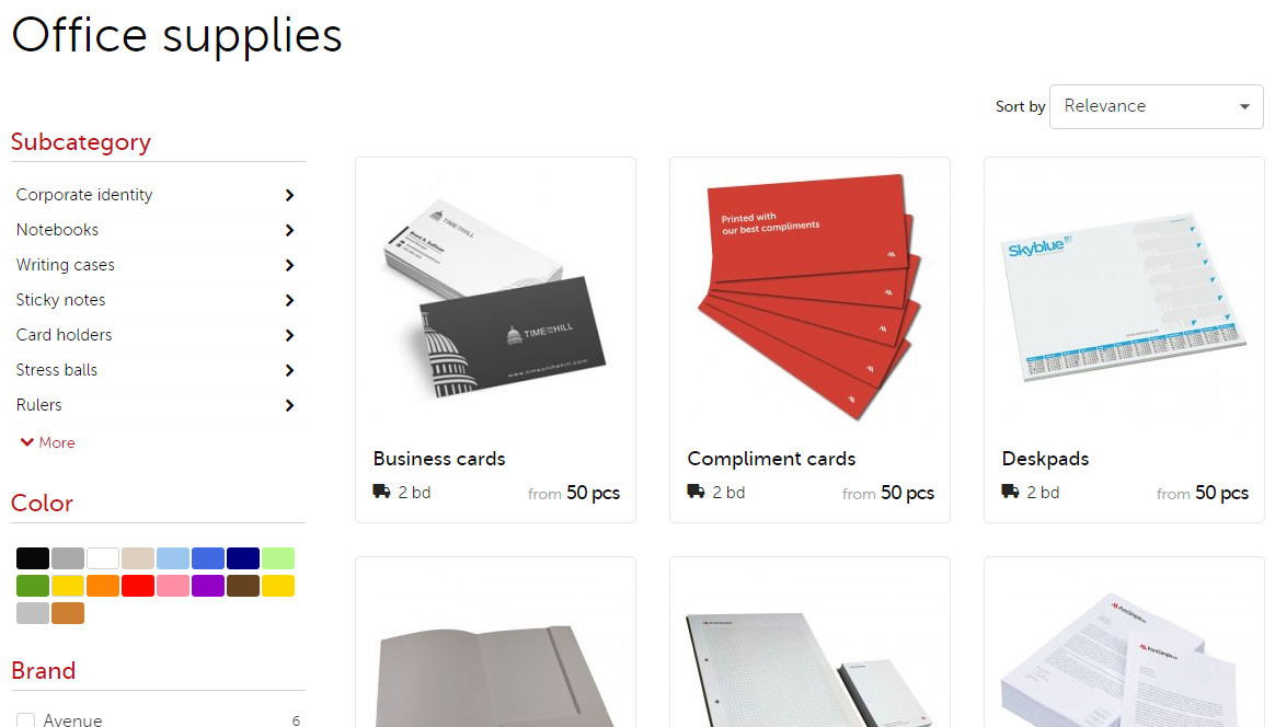 Category office supplies with subcategories and filters