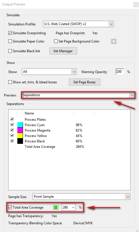 The output preview settings to check the ink coverage