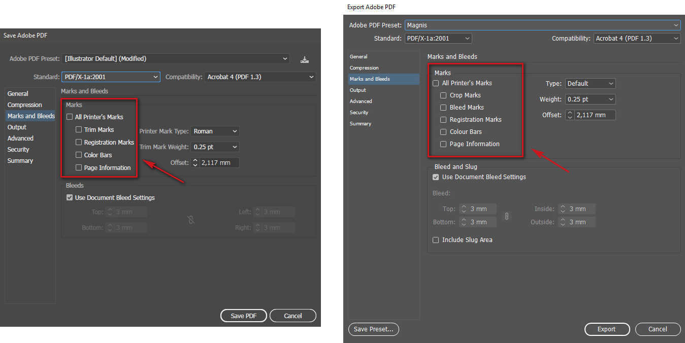 Marks and bleeds settings in Adobe Illustrator (left) and Adobe InDesign (right)