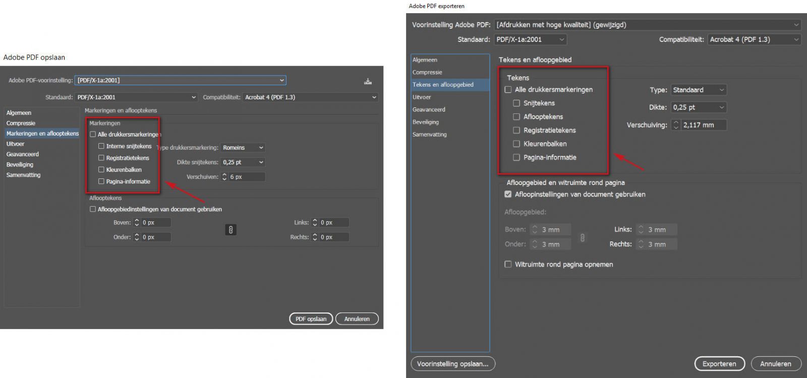 Instellingen m.b.t. markeringen in Adobe Illustrator (links) en Adobe InDesign (rechts)