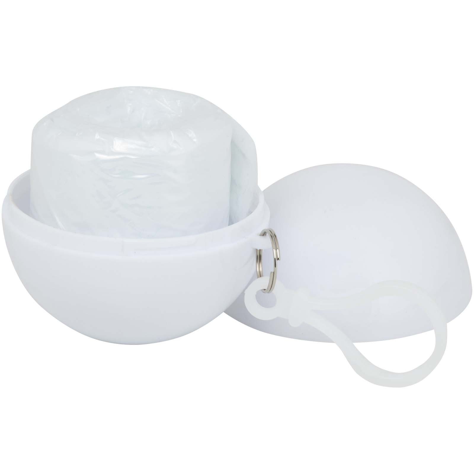 Bullet Fog poncho in round plastic container with carabiner