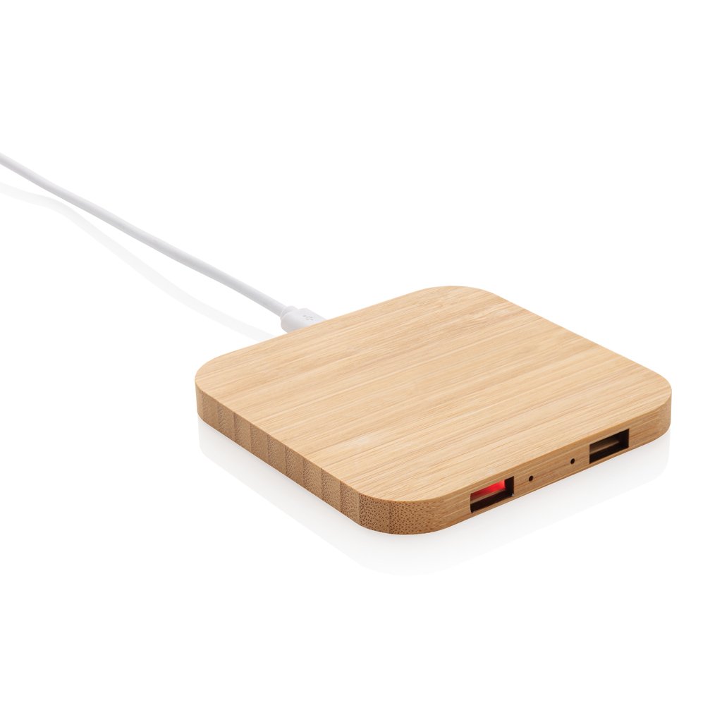 XD Collection Bamboo wireless charger with USB | PrintSimple